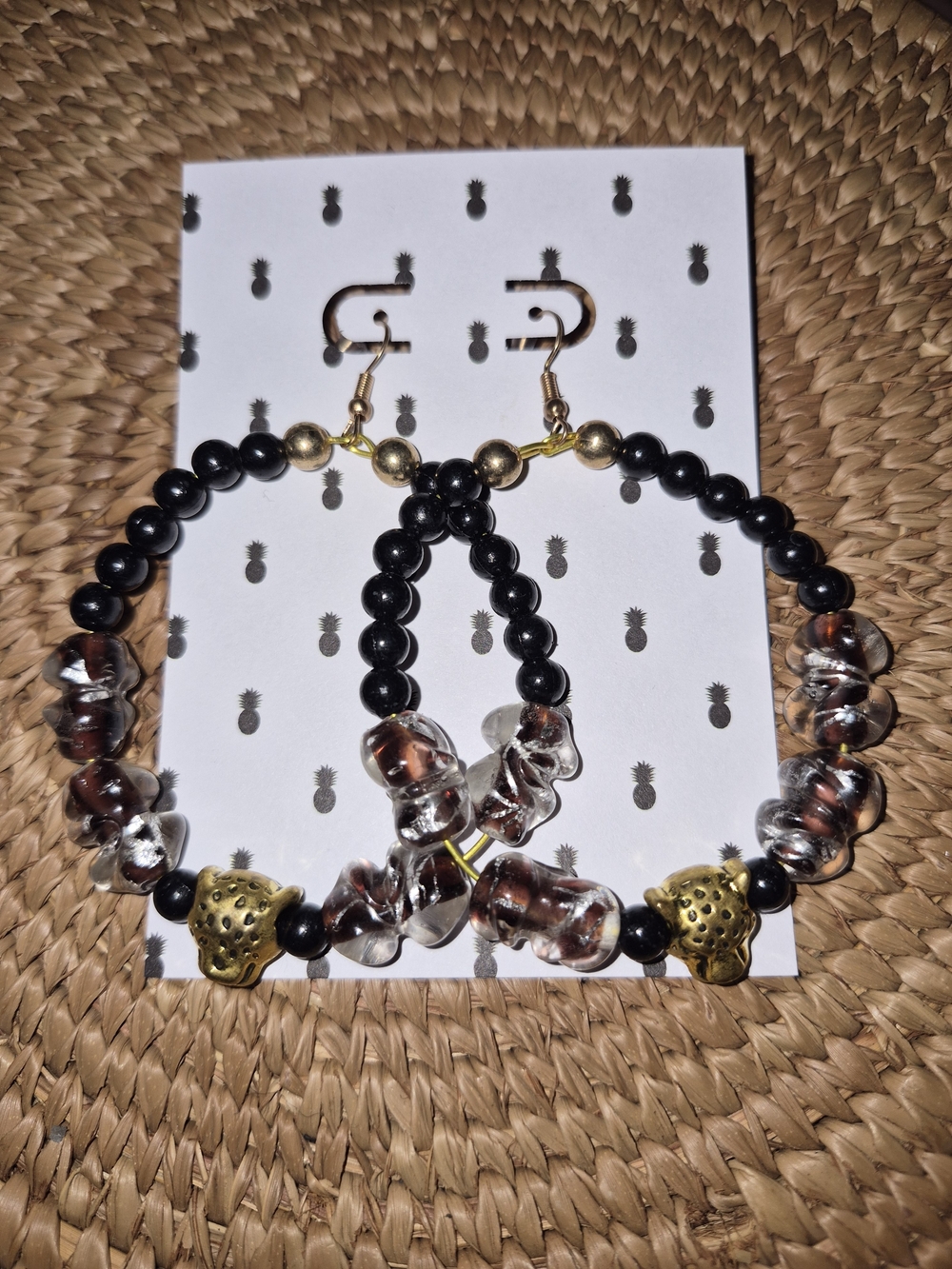 Black and Gold Beaded Hoop Earrings